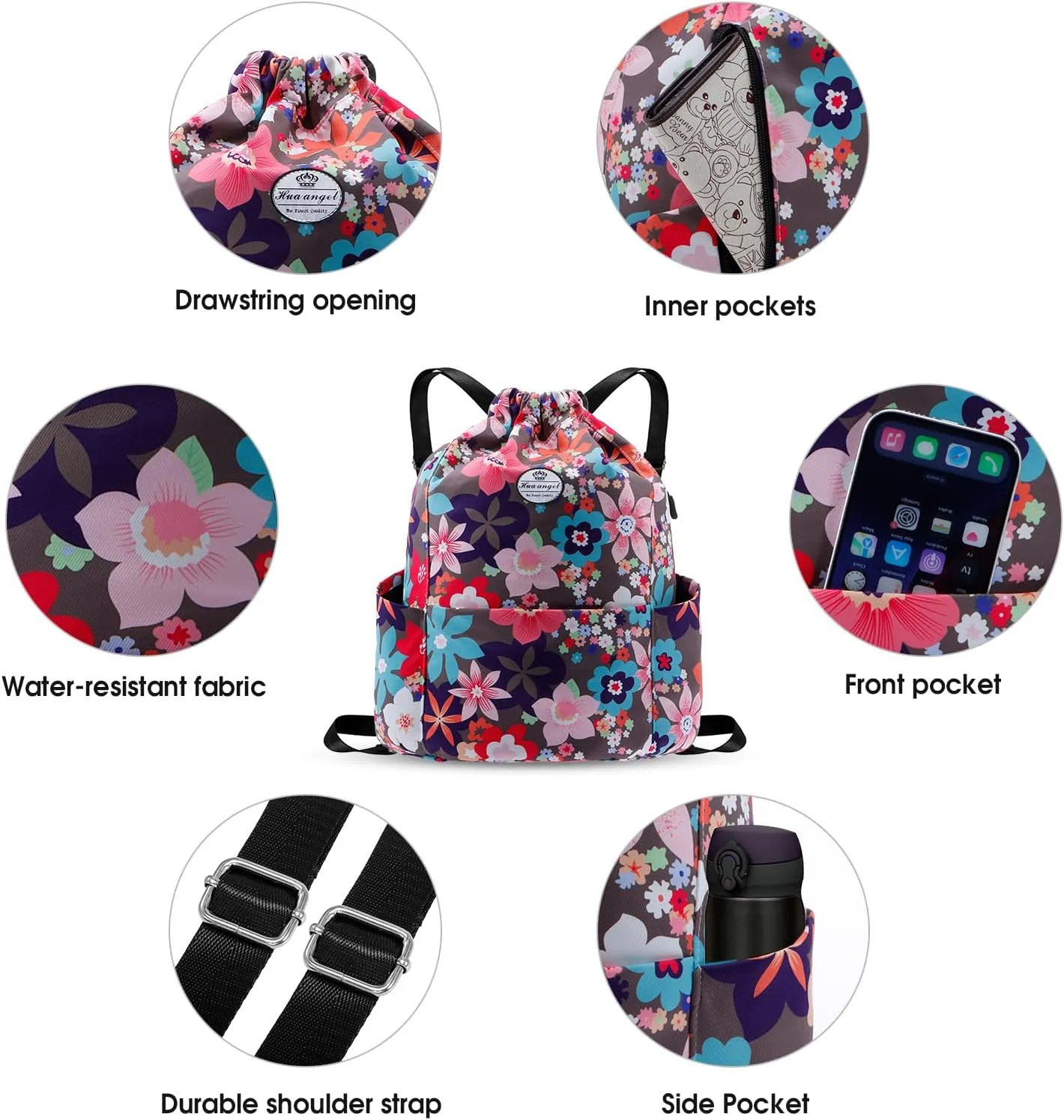 HUA ANGEL Floral Print Drawstring Bag - Lightweight Waterproof Cinch Sackpack with Side Pocket for Men & Women Travel Gym Bag
