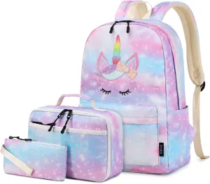 Imyth 3Pcs colorful Backpack sets for Teen Girls, Cute Bookbag School Daypacks for Elementary Middle Students (Light Blue)