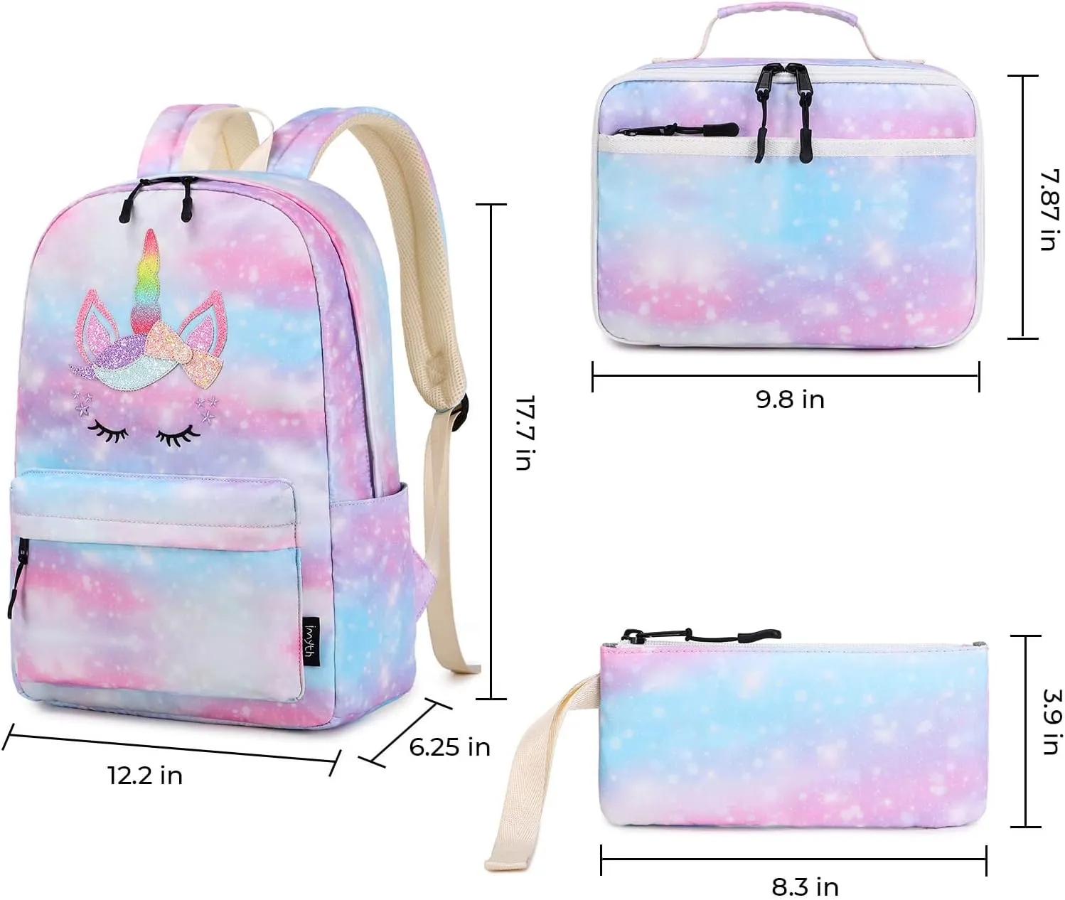 Imyth 3Pcs colorful Backpack sets for Teen Girls, Cute Bookbag School Daypacks for Elementary Middle Students (Light Blue)