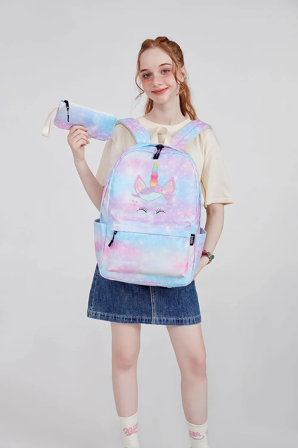 Imyth 3Pcs colorful Backpack sets for Teen Girls, Cute Bookbag School Daypacks for Elementary Middle Students (Light Blue)