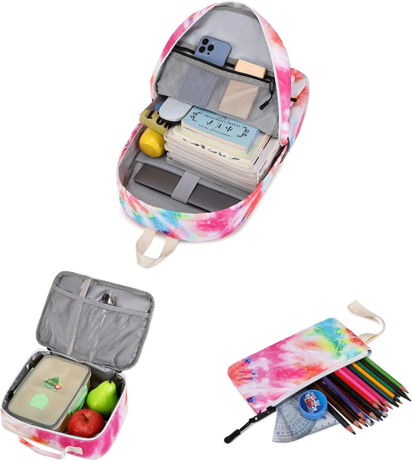 Imyth 3Pcs colorful Backpack sets for Teen Girls, Cute Bookbag School Daypacks for Elementary Middle Students (Tie dye-Rainbow)
