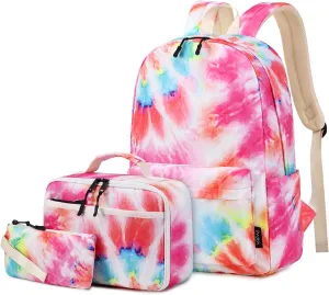 Imyth 3Pcs colorful Backpack sets for Teen Girls, Cute Bookbag School Daypacks for Elementary Middle Students (Tie dye-Rainbow)