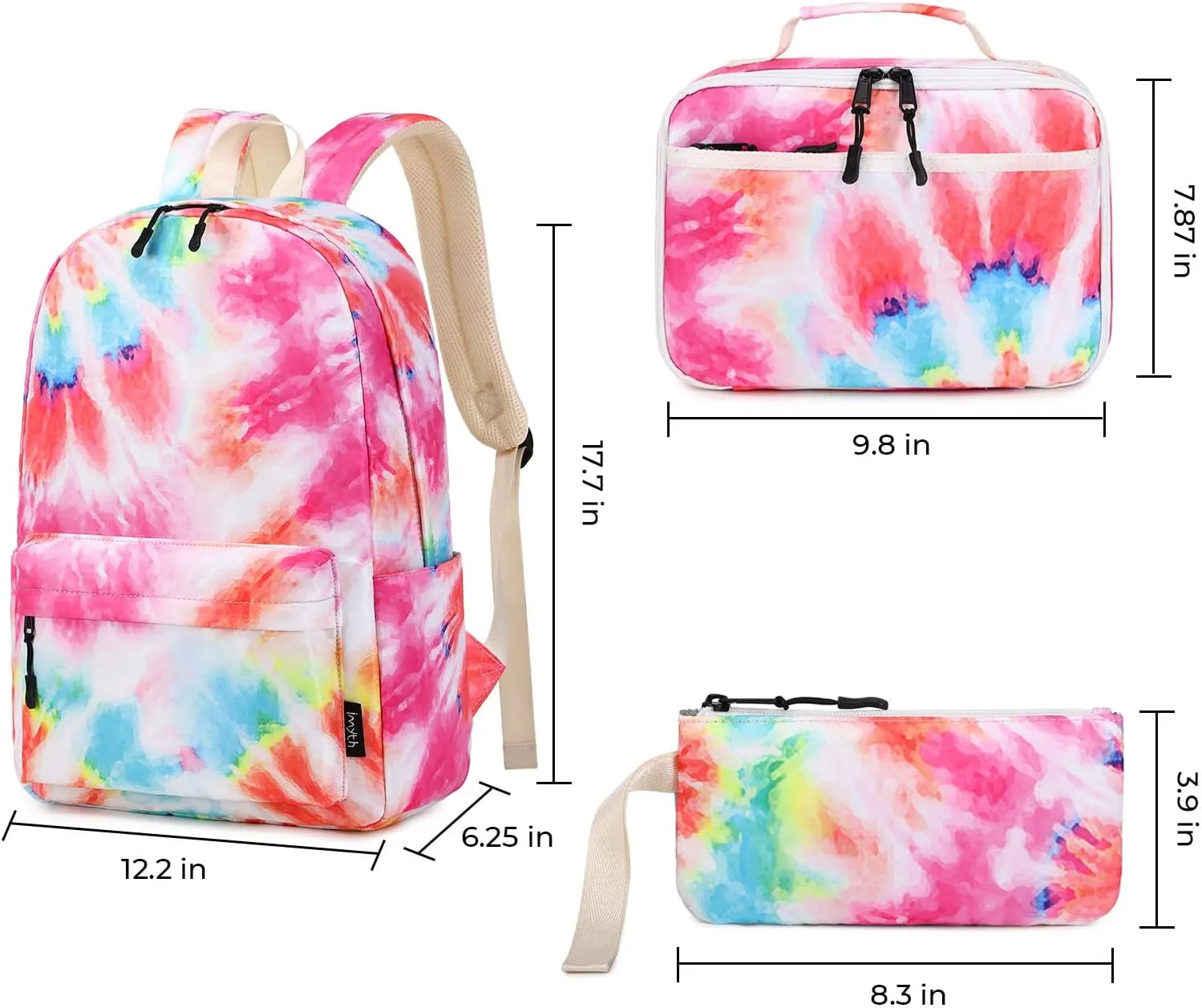 Imyth 3Pcs colorful Backpack sets for Teen Girls, Cute Bookbag School Daypacks for Elementary Middle Students (Tie dye-Rainbow)