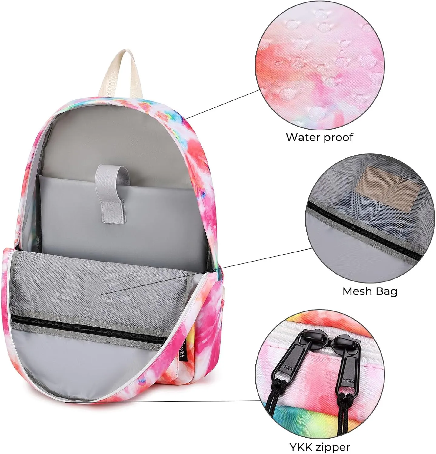 Imyth 3Pcs colorful Backpack sets for Teen Girls, Cute Bookbag School Daypacks for Elementary Middle Students (Tie dye-Rainbow)
