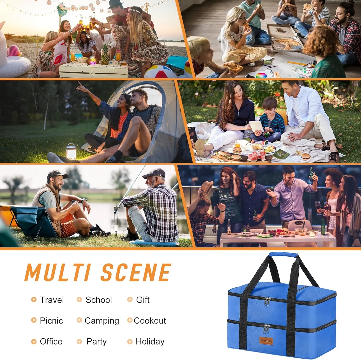 Insulated Casserole Carrier for Hot or Cold Food Fits 9"X13" Dish, Expandable Insulated Casserole Carry Bag for Travel/Picnic/Party, Double Layer, Blue, Durable Nylon, Leak-Proof