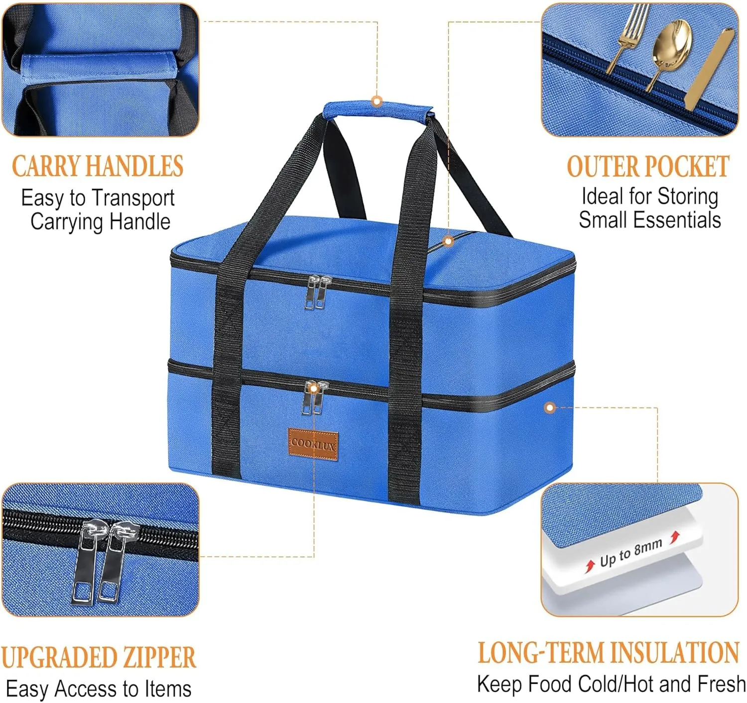 Insulated Casserole Carrier for Hot or Cold Food Fits 9"X13" Dish, Expandable Insulated Casserole Carry Bag for Travel/Picnic/Party, Double Layer, Blue, Durable Nylon, Leak-Proof