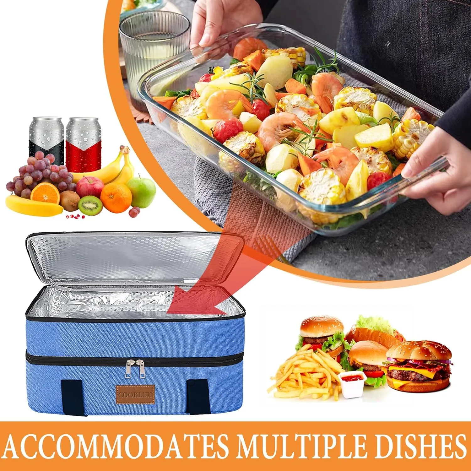 Insulated Casserole Carrier for Hot or Cold Food Fits 9"X13" Dish, Expandable Insulated Casserole Carry Bag for Travel/Picnic/Party, Double Layer, Blue, Durable Nylon, Leak-Proof