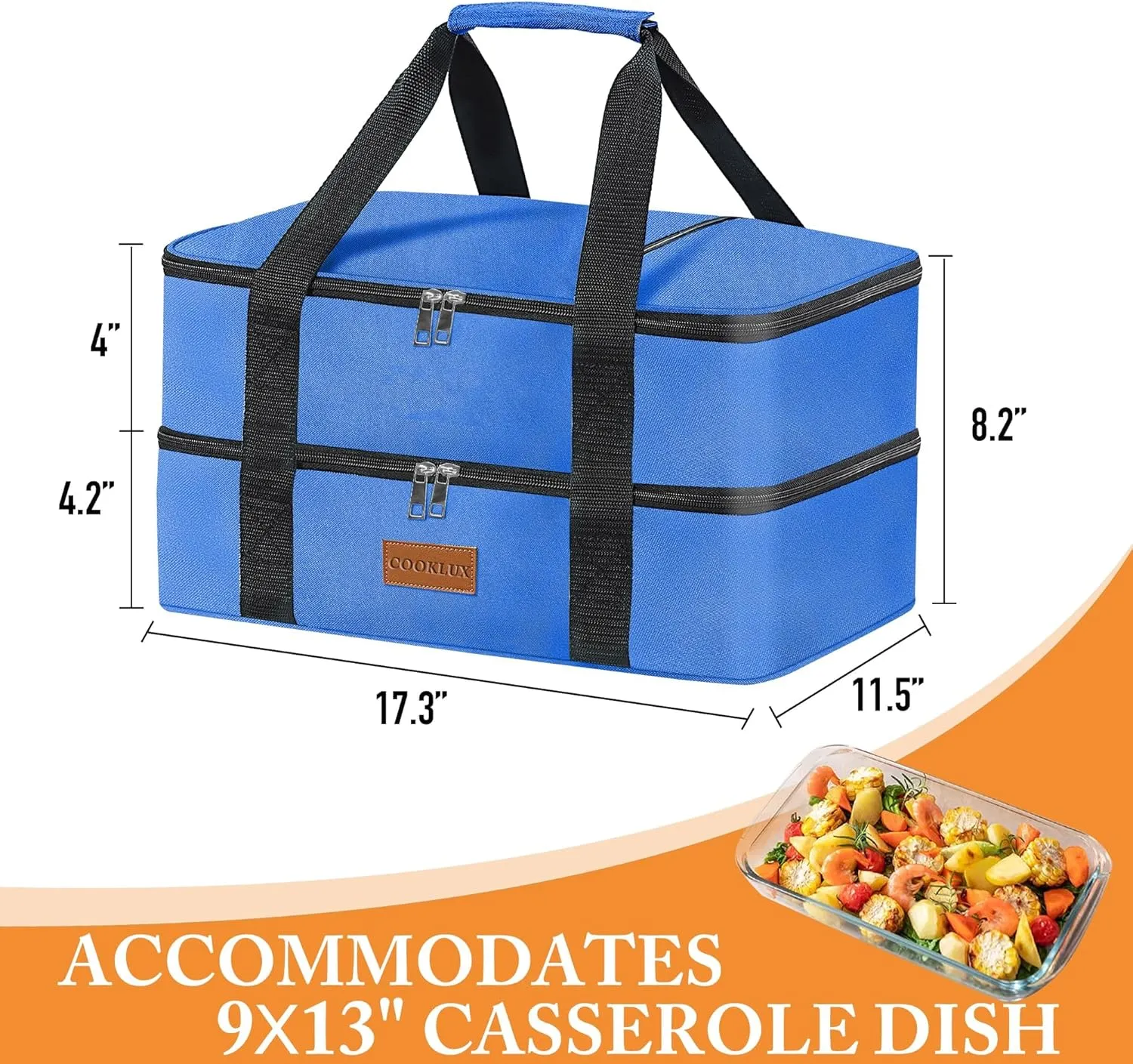 Insulated Casserole Carrier for Hot or Cold Food Fits 9"X13" Dish, Expandable Insulated Casserole Carry Bag for Travel/Picnic/Party, Double Layer, Blue, Durable Nylon, Leak-Proof