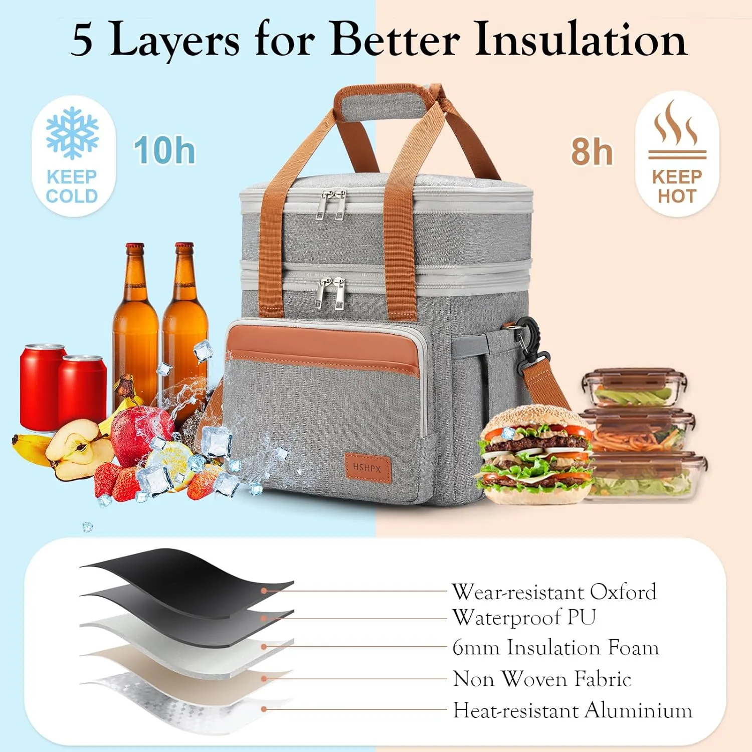 Insulated Lunch Box Lunch Cooler Bag for Men: Expandable Large Lunchbox for Picnic Work Office Outdoor - Reusable Double Deck Lunch Tote for Adults Gray 15L