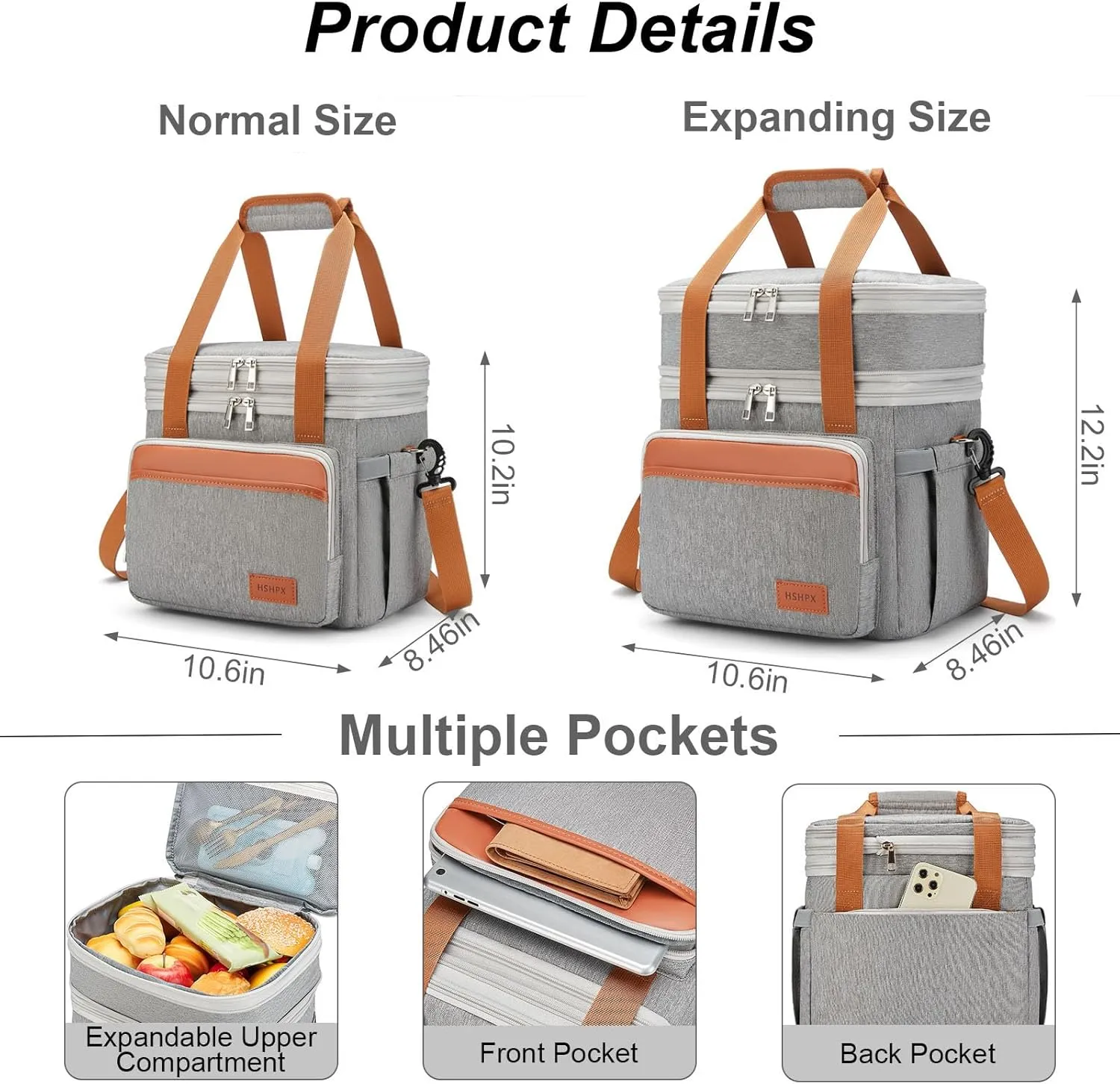 Insulated Lunch Box Lunch Cooler Bag for Men: Expandable Large Lunchbox for Picnic Work Office Outdoor - Reusable Double Deck Lunch Tote for Adults Gray 15L