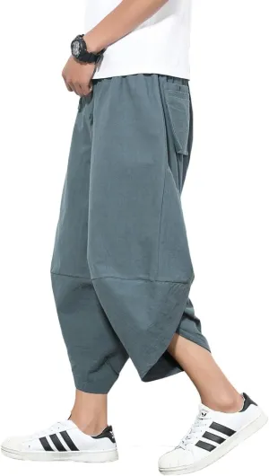 INVACHI Men's Harem Capri Pants Elastic Waist Loose Fit Drawstring Beach Yoga Trousers with Pockets