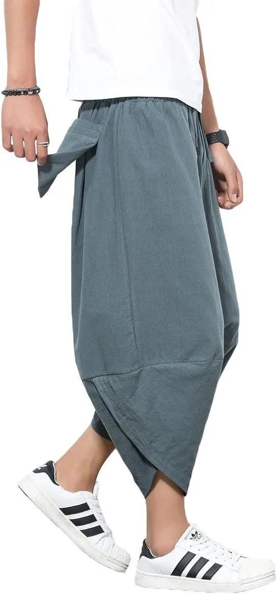 INVACHI Men's Harem Capri Pants Elastic Waist Loose Fit Drawstring Beach Yoga Trousers with Pockets