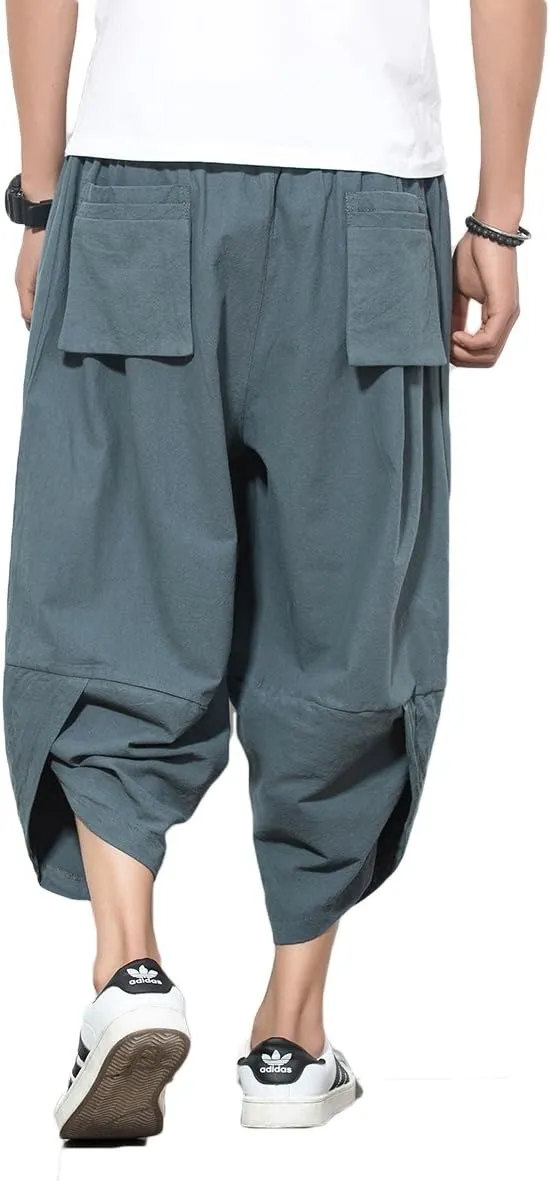 INVACHI Men's Harem Capri Pants Elastic Waist Loose Fit Drawstring Beach Yoga Trousers with Pockets