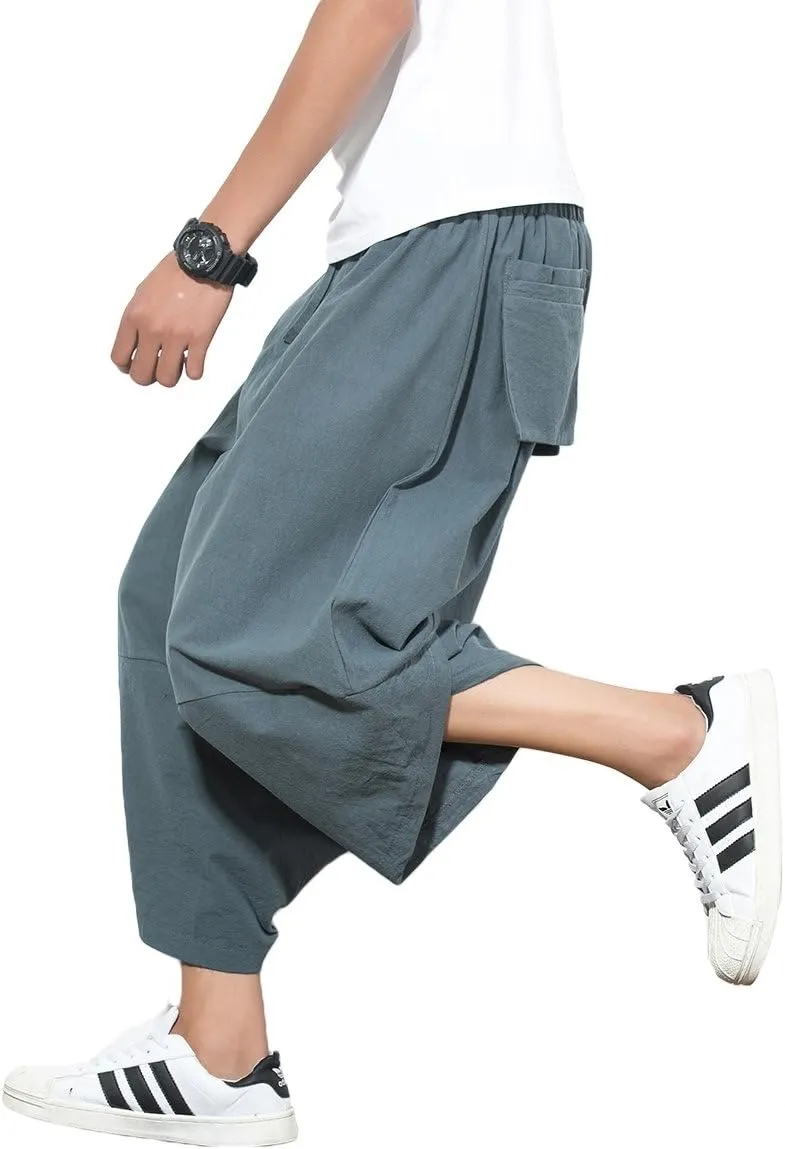 INVACHI Men's Harem Capri Pants Elastic Waist Loose Fit Drawstring Beach Yoga Trousers with Pockets