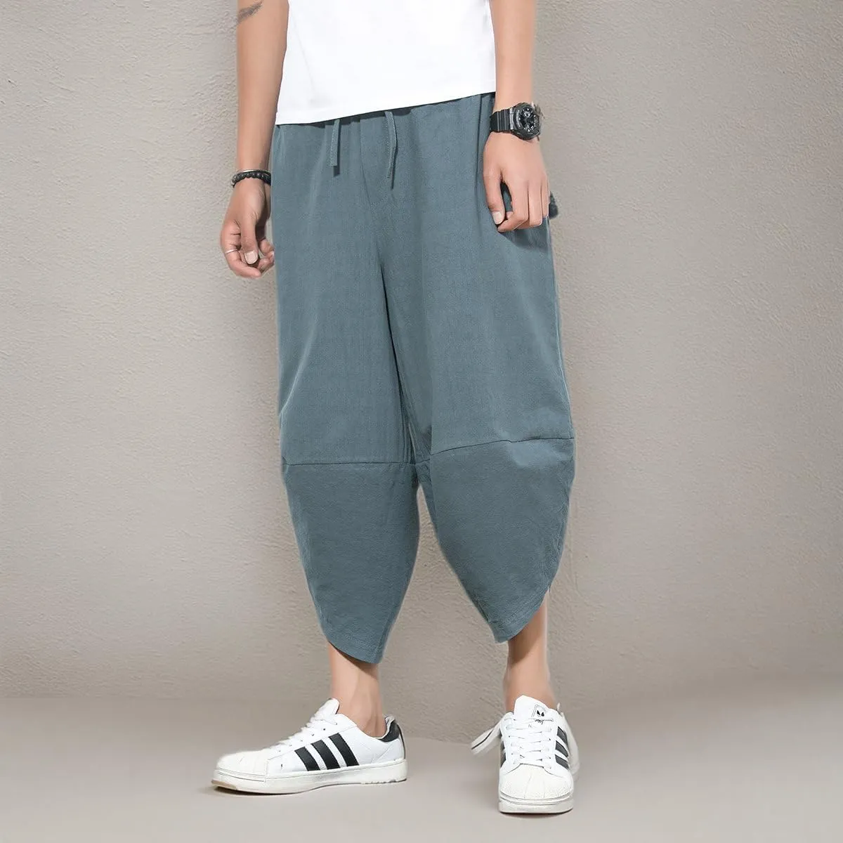 INVACHI Men's Harem Capri Pants Elastic Waist Loose Fit Drawstring Beach Yoga Trousers with Pockets