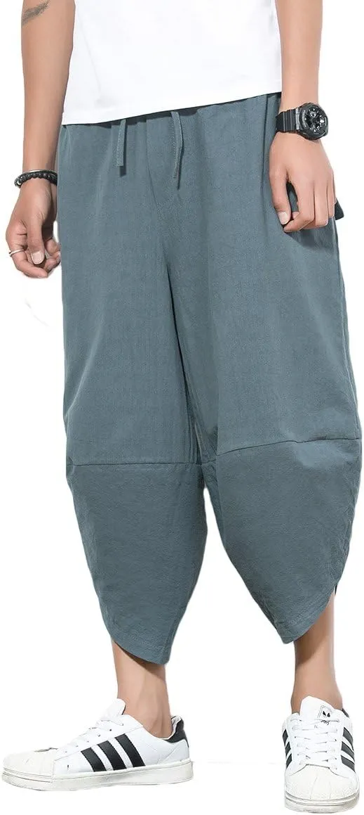 INVACHI Men's Harem Capri Pants Elastic Waist Loose Fit Drawstring Beach Yoga Trousers with Pockets