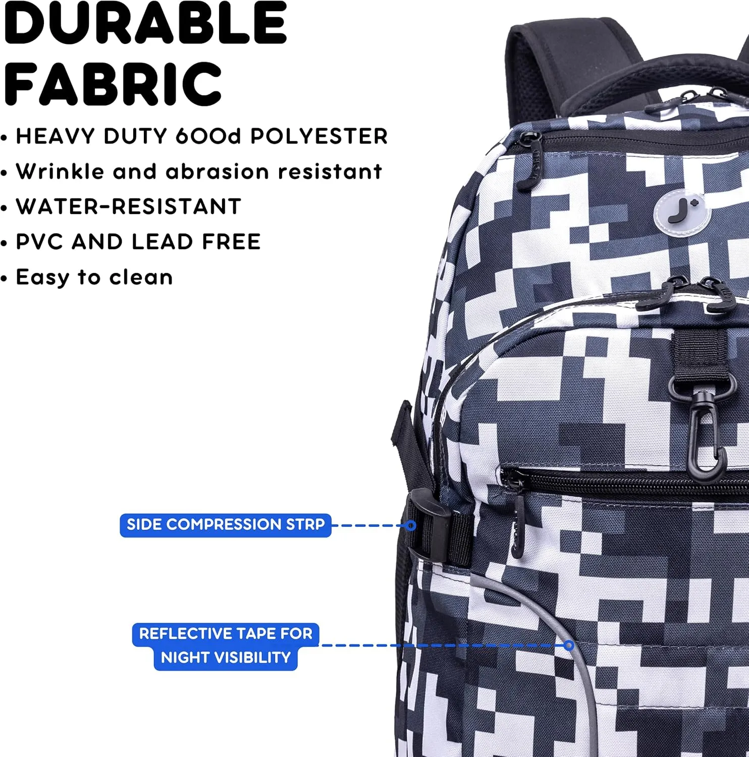 J World New York Atom Multi-Compartment Laptop Backpack, Camo, 18.5 X 13 X 7.5 (H X W X D)