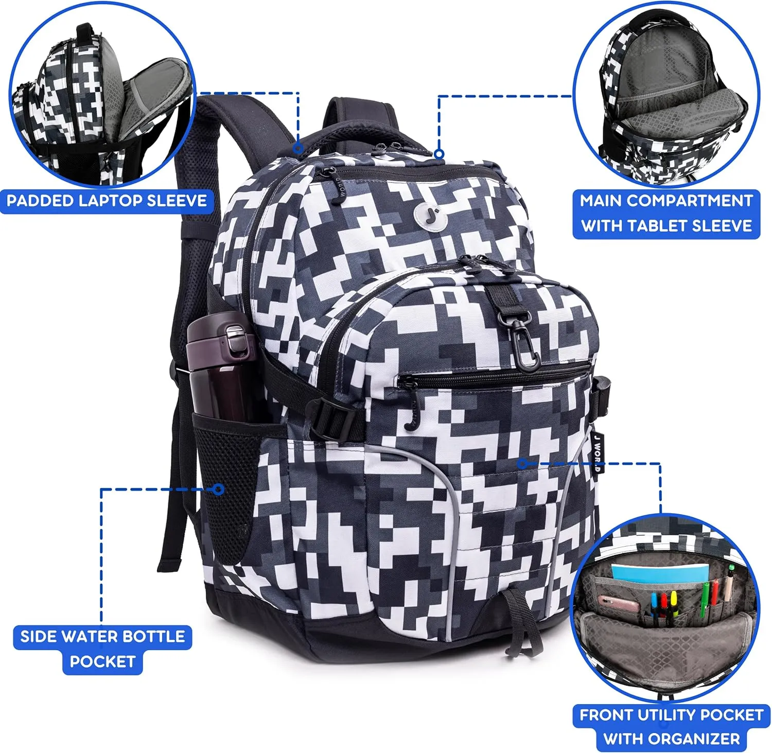 J World New York Atom Multi-Compartment Laptop Backpack, Camo, 18.5 X 13 X 7.5 (H X W X D)
