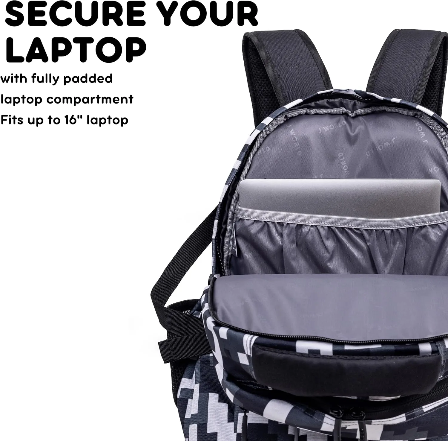 J World New York Atom Multi-Compartment Laptop Backpack, Camo, 18.5 X 13 X 7.5 (H X W X D)