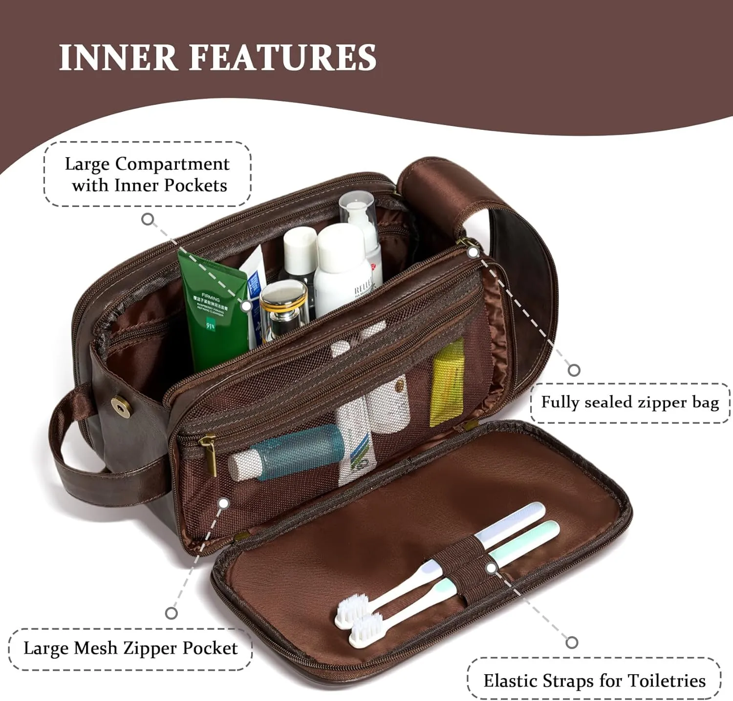 Janhavi Makeup Bag, Groomsmen Gifts, Travel size Toiletries Bag Waterproof, Cruise Ship Essentials, Travel Bag Expandable, Men's Accessories Storage, Travel Essentials, Gift Box for Men (Dark Brown V)