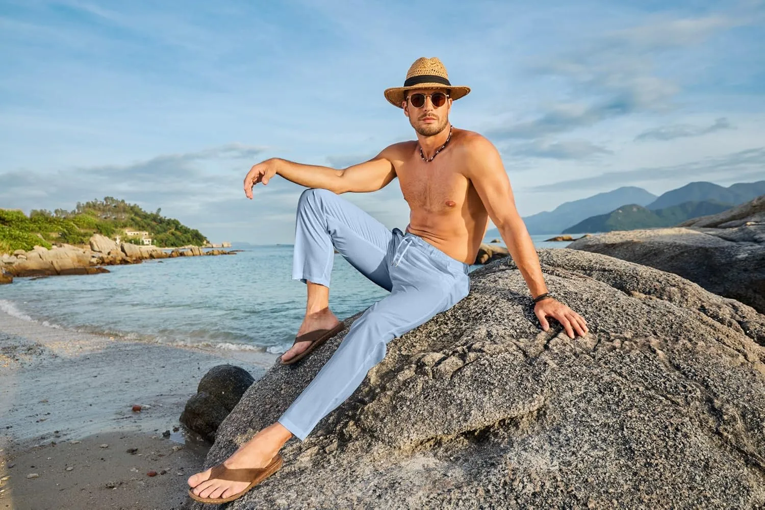 JMIERR Men's Casual Drawstring Pants Elastic Waist Lightweight Pant Summer Beach Trouser with Pockets