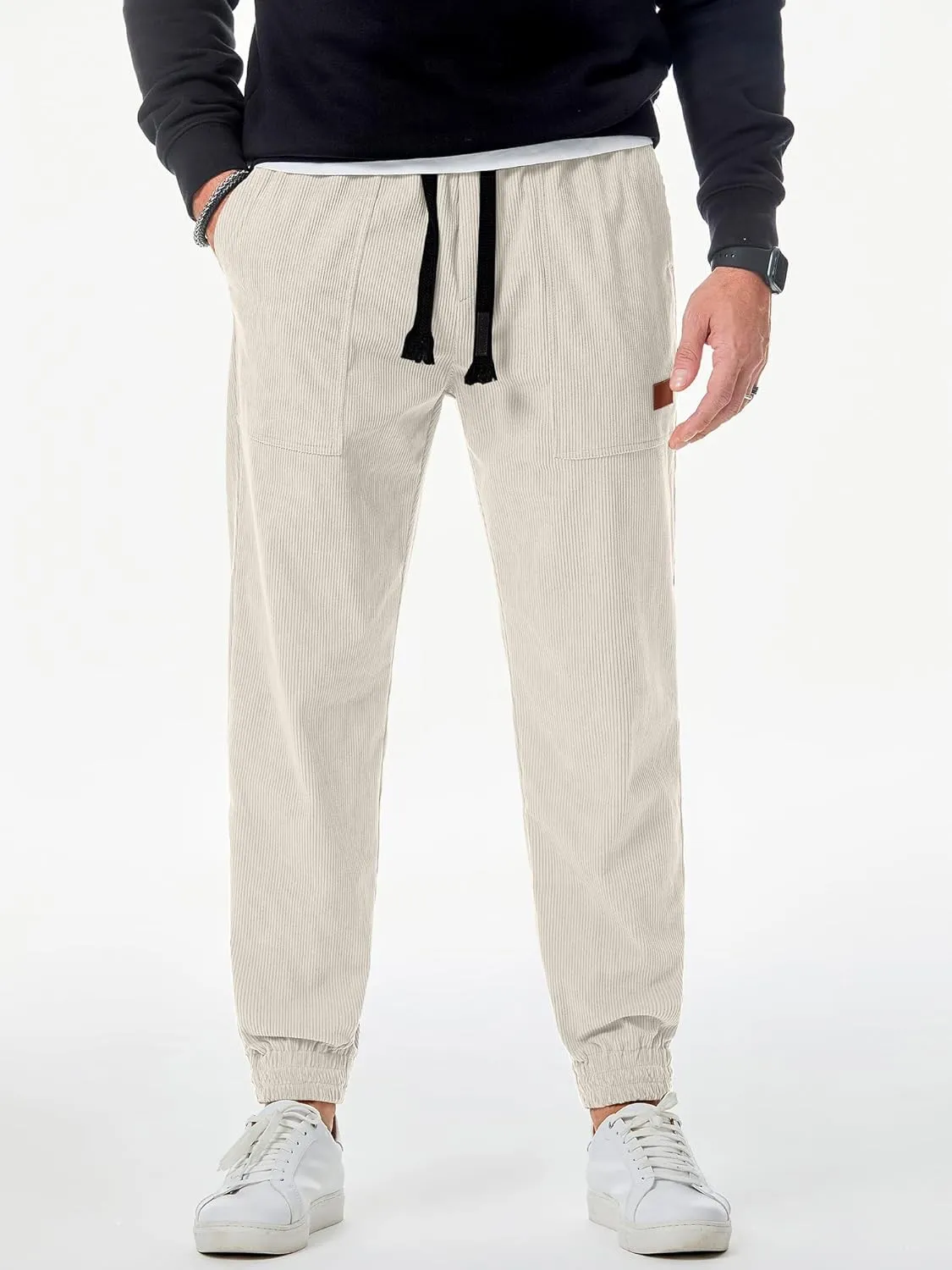 JMIERR Mens Corduroy Joggers Pants Casual Cargo Pants Drawstring Elastic Waist Baggy Tapered Sweatpants with Pockets