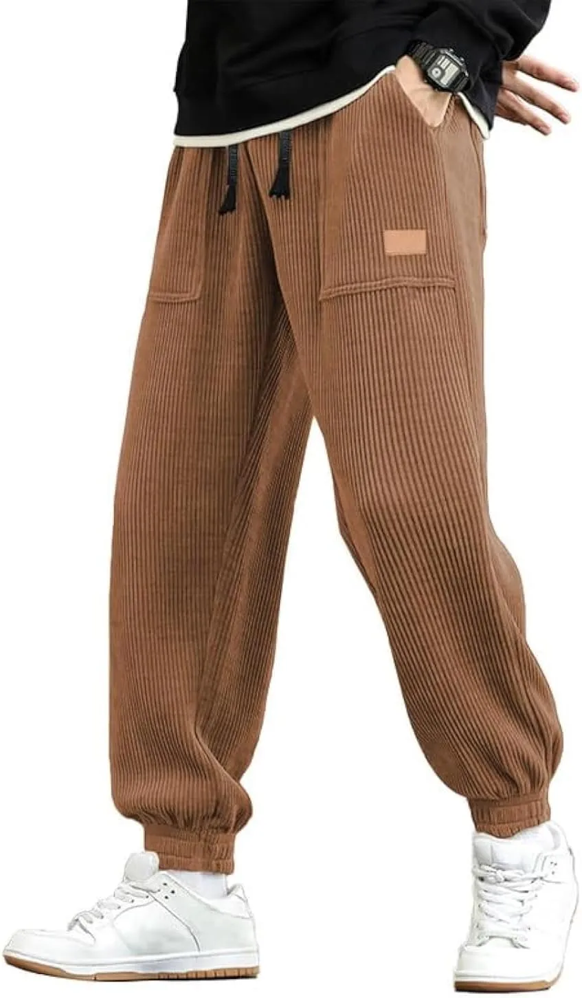 JMIERR Mens Corduroy Joggers Pants Casual Cargo Pants Drawstring Elastic Waist Baggy Tapered Sweatpants with Pockets