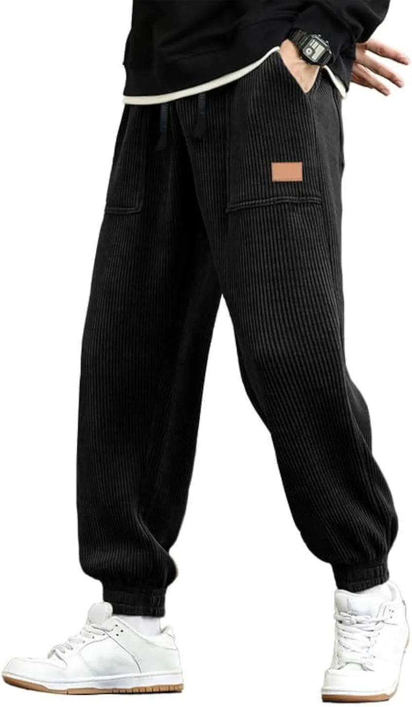 JMIERR Mens Corduroy Joggers Pants Casual Cargo Pants Drawstring Elastic Waist Baggy Tapered Sweatpants with Pockets