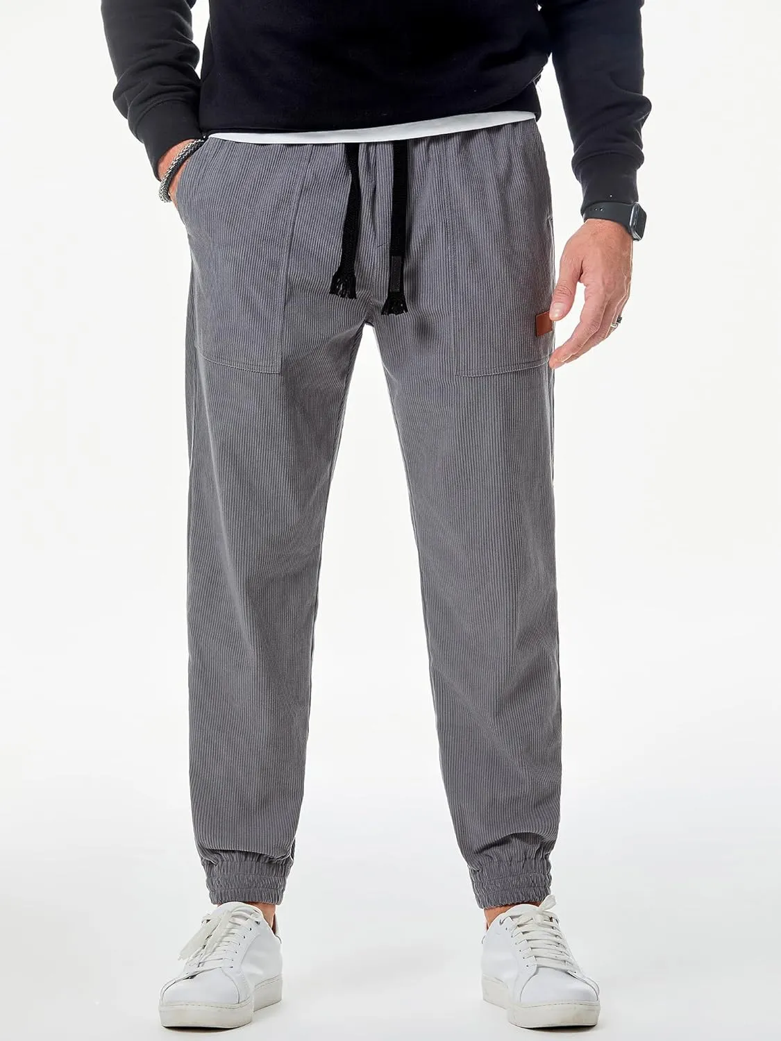 JMIERR Mens Corduroy Joggers Pants Casual Cargo Pants Drawstring Elastic Waist Baggy Tapered Sweatpants with Pockets