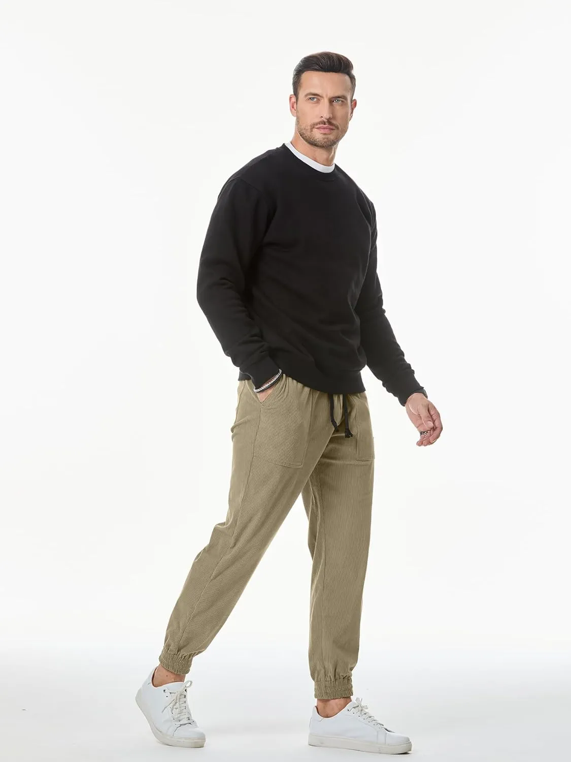 JMIERR Mens Corduroy Joggers Pants Casual Cargo Pants Drawstring Elastic Waist Baggy Tapered Sweatpants with Pockets