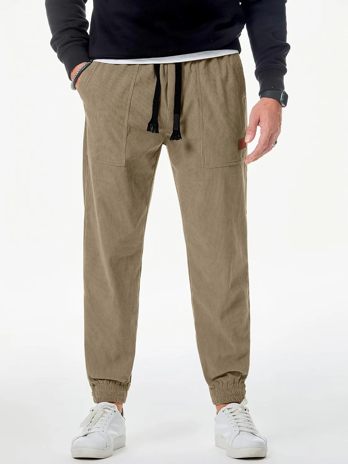 JMIERR Mens Corduroy Joggers Pants Casual Cargo Pants Drawstring Elastic Waist Baggy Tapered Sweatpants with Pockets