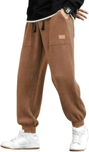 JMIERR Mens Corduroy Joggers Pants Casual Cargo Pants Drawstring Elastic Waist Baggy Tapered Sweatpants with Pockets