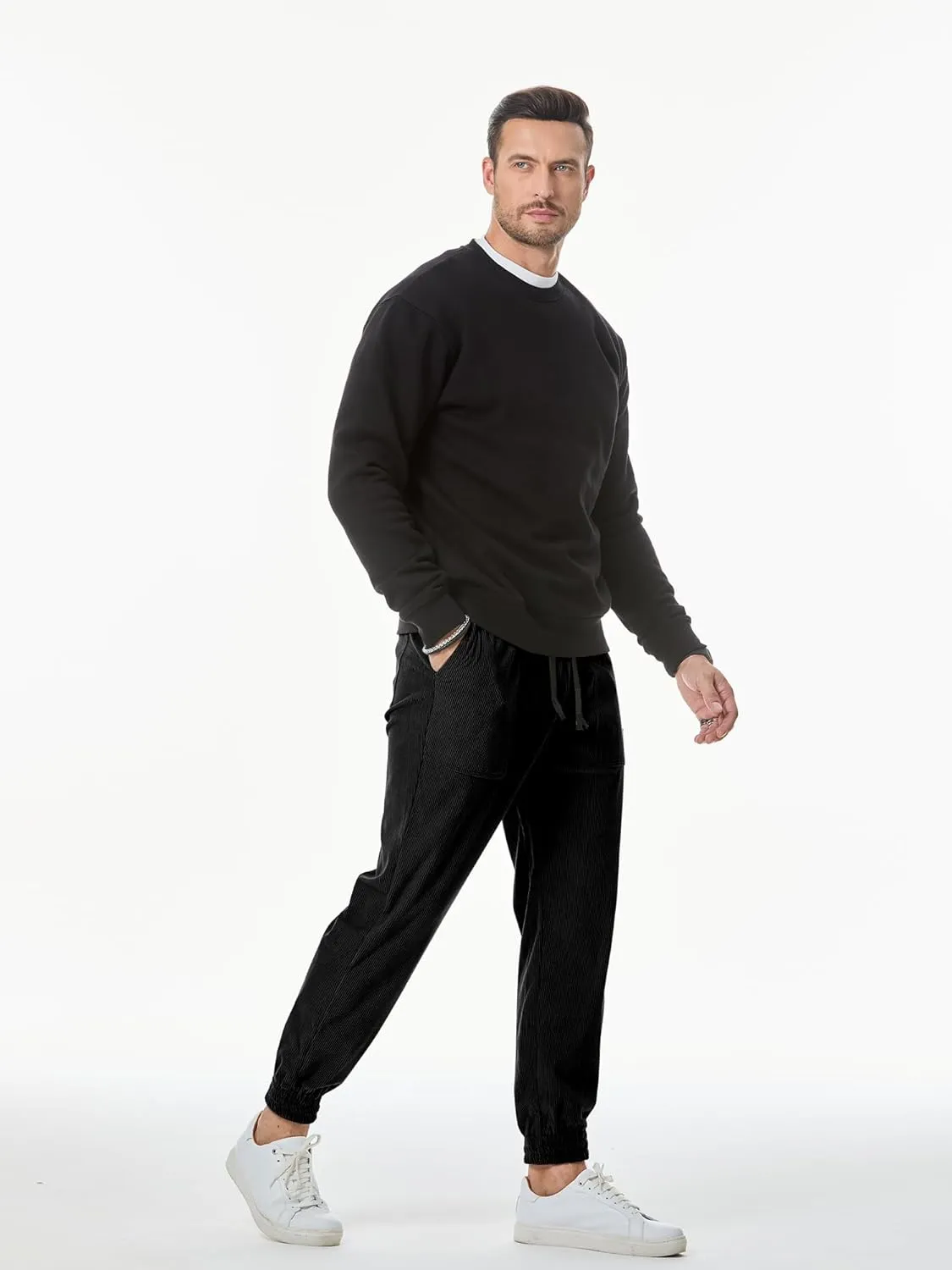 JMIERR Mens Corduroy Joggers Pants Casual Cargo Pants Drawstring Elastic Waist Baggy Tapered Sweatpants with Pockets