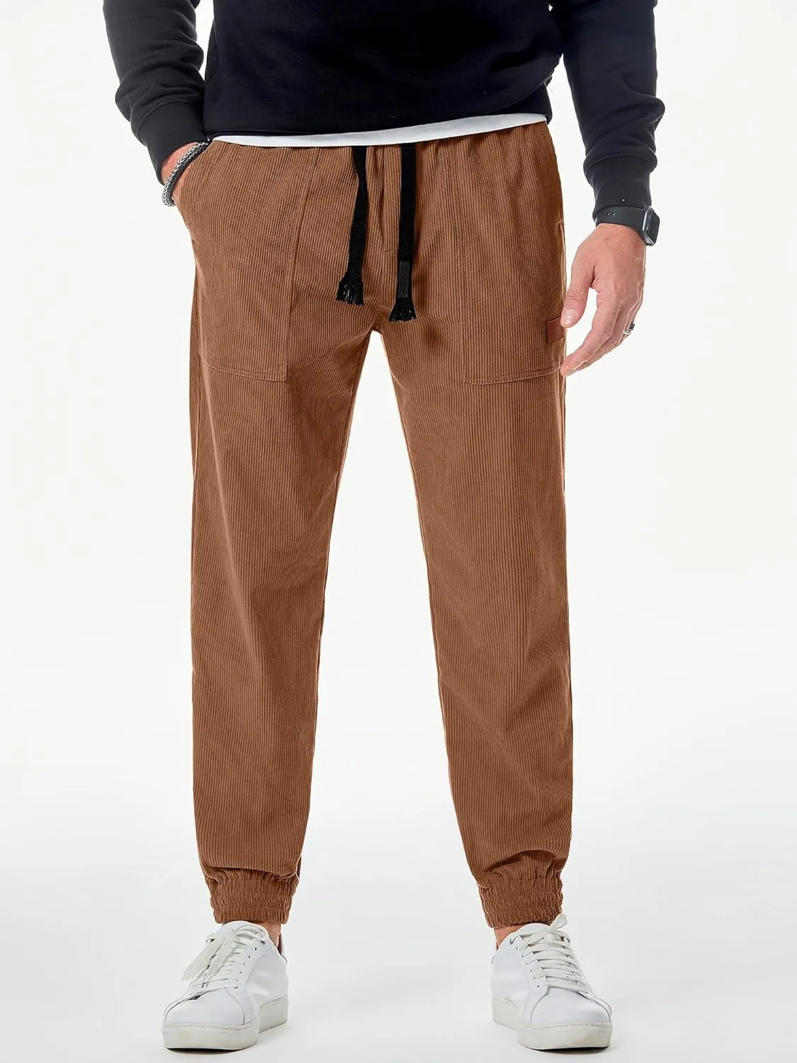 JMIERR Mens Corduroy Joggers Pants Casual Cargo Pants Drawstring Elastic Waist Baggy Tapered Sweatpants with Pockets