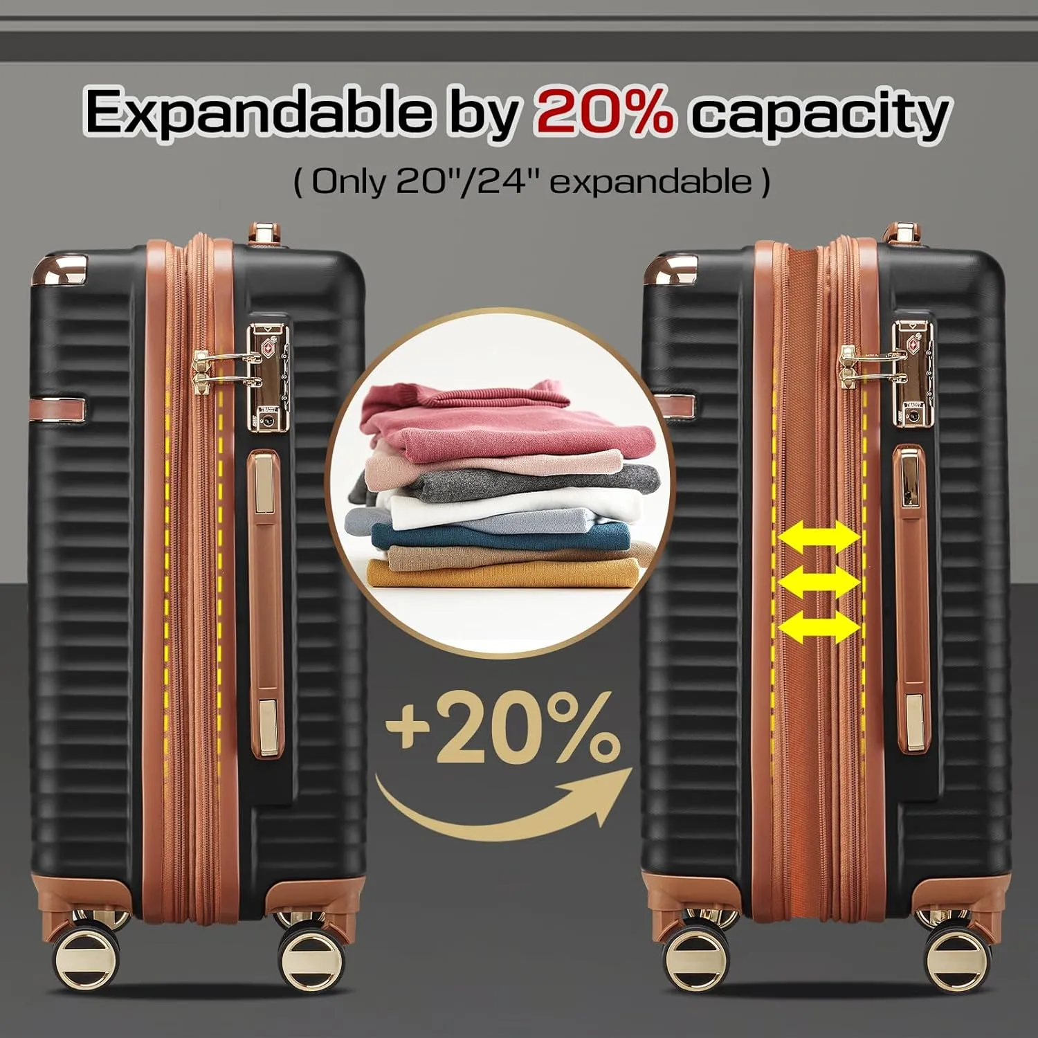 Joyway Expandable Carry on Luggage Sets Airline Approved with TSA Lock, Lightweight Hard Shell 20 Inch Carry-on Suitcase with Spinner Wheels, Black