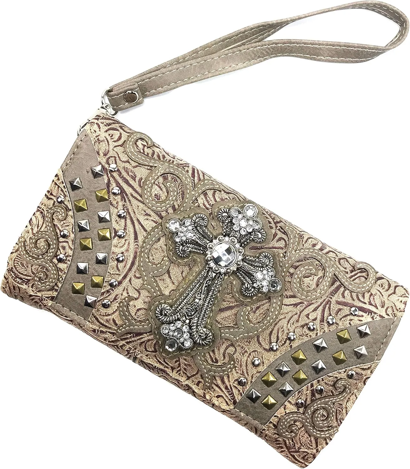 Justin West Clydesdale Tooled Leather Metal Stud Cross Conceal Carry Women Handbag Purse