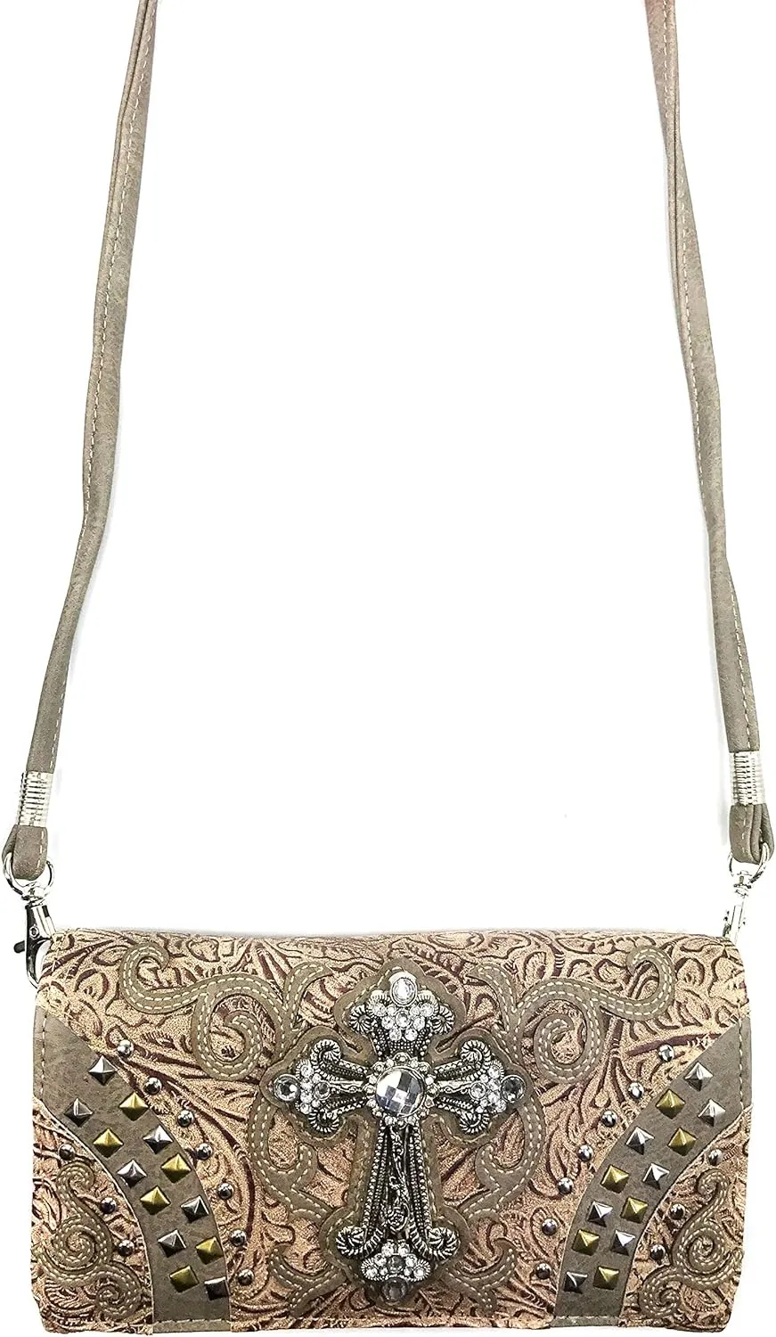 Justin West Clydesdale Tooled Leather Metal Stud Cross Conceal Carry Women Handbag Purse