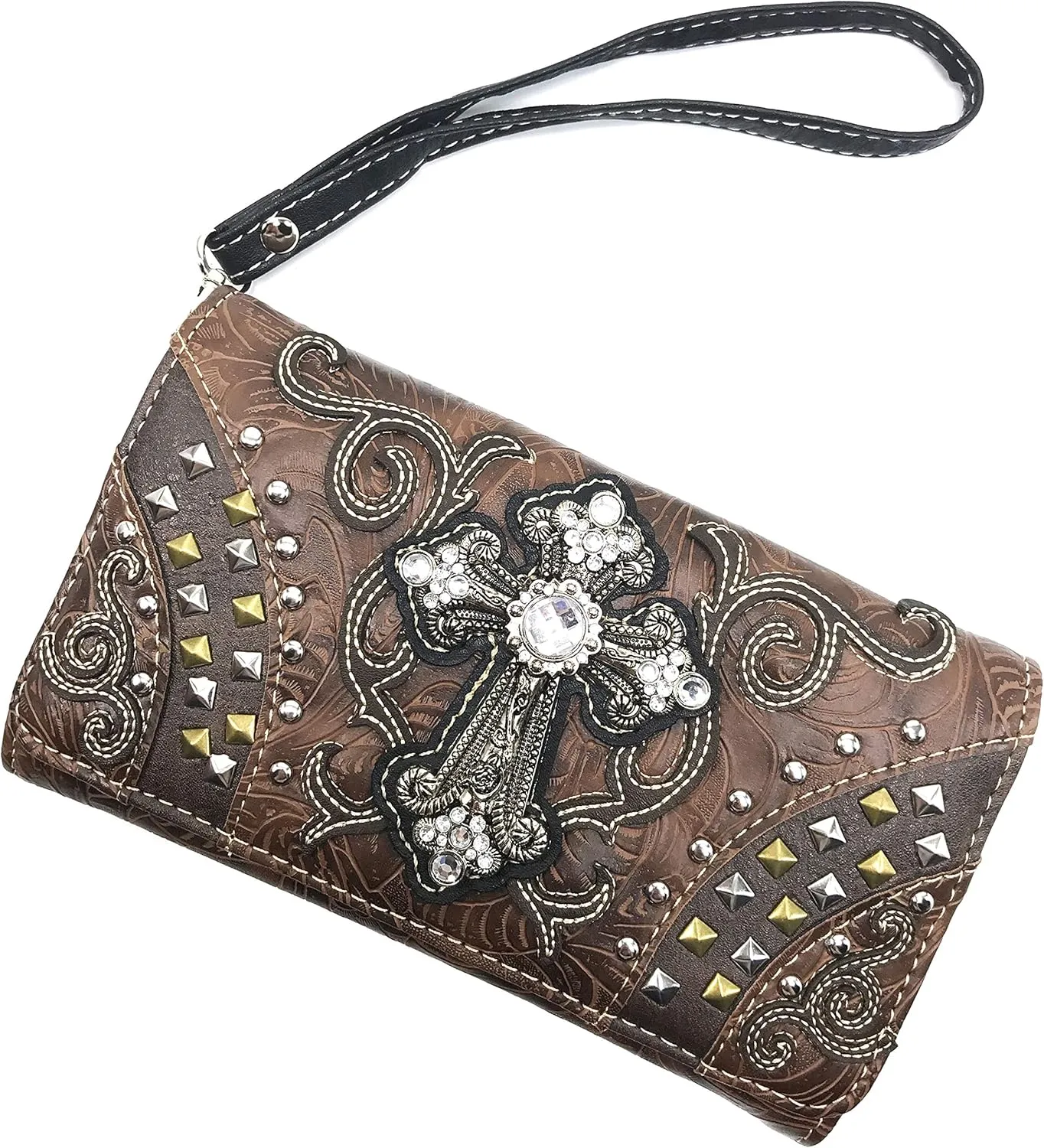 Justin West Clydesdale Tooled Leather Metal Stud Cross Conceal Carry Women Handbag Purse