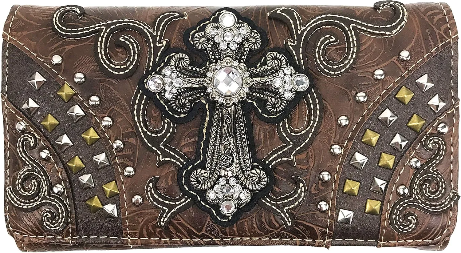 Justin West Clydesdale Tooled Leather Metal Stud Cross Conceal Carry Women Handbag Purse