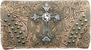 Justin West Clydesdale Tooled Leather Metal Stud Cross Conceal Carry Women Handbag Purse