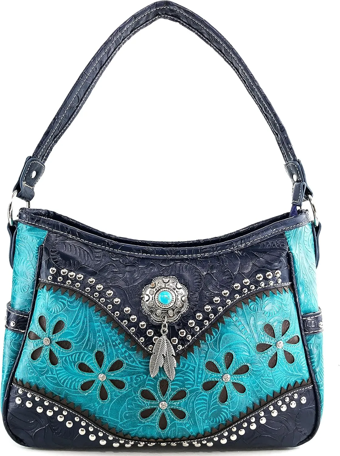 Justin West Cowgirl Leather Cut Concealed Carry Feather Concho Country Vintage Western Handbag Purse Wallet Set