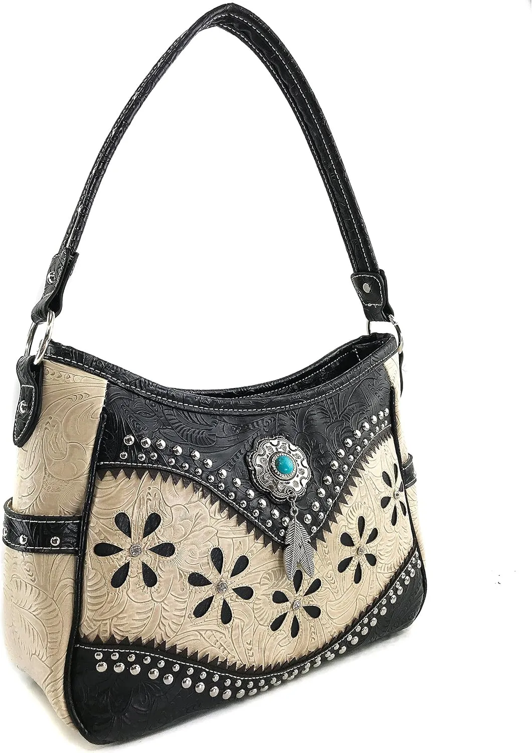 Justin West Cowgirl Leather Cut Concealed Carry Feather Concho Country Vintage Western Handbag Purse Wallet Set
