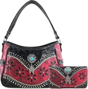 Justin West Cowgirl Leather Cut Concealed Carry Feather Concho Country Vintage Western Handbag Purse Wallet Set