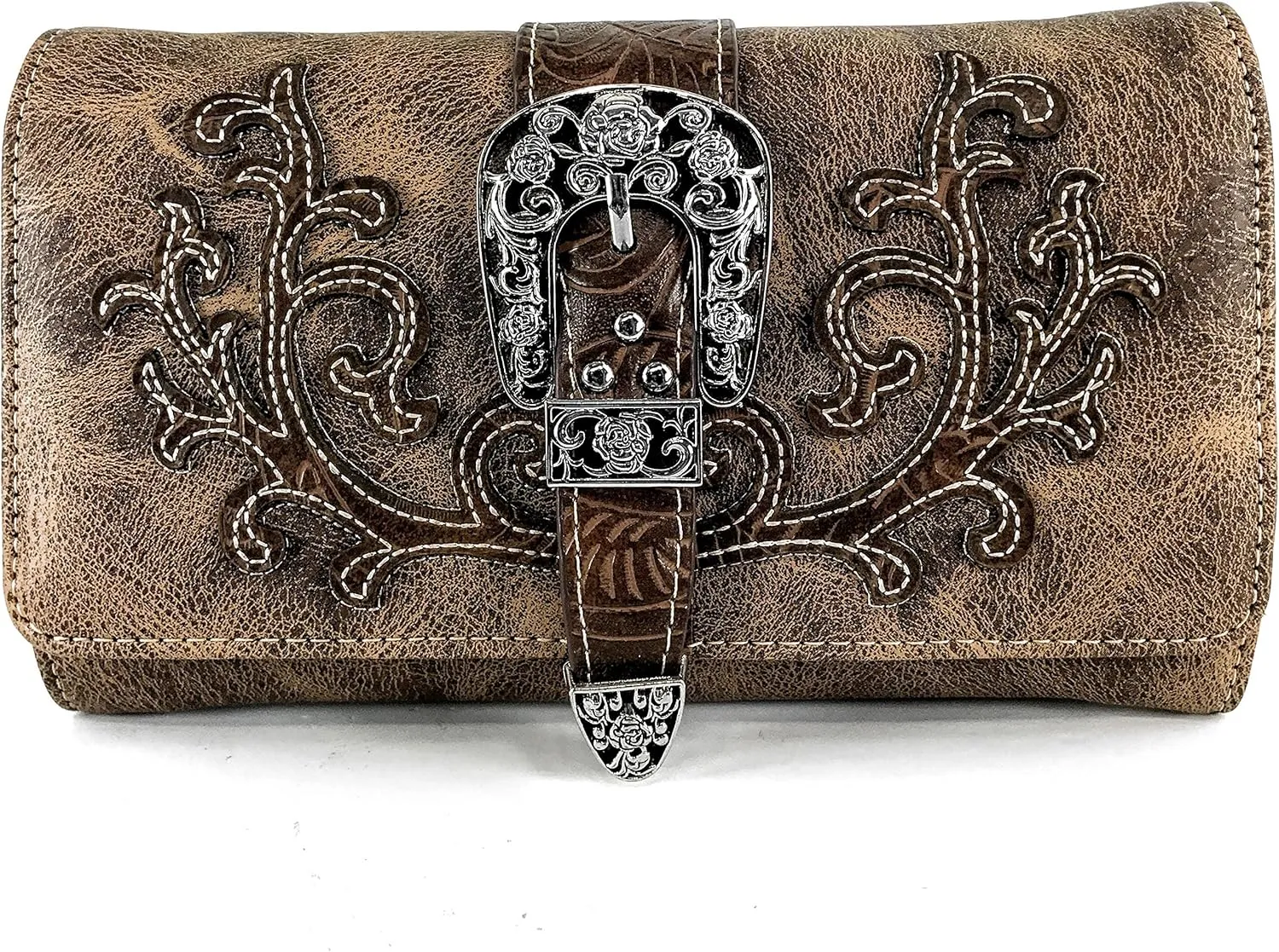 Justin West Tooled Laser Cut Leather Floral Embroidery Rhinestone Buckle Studded Shoulder Concealed Carry Tote Style Handbag Purse (Brown Brown Wallet)