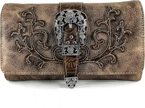 Justin West Tooled Laser Cut Leather Floral Embroidery Rhinestone Buckle Studded Shoulder Concealed Carry Tote Style Handbag Purse (Brown Brown Wallet)