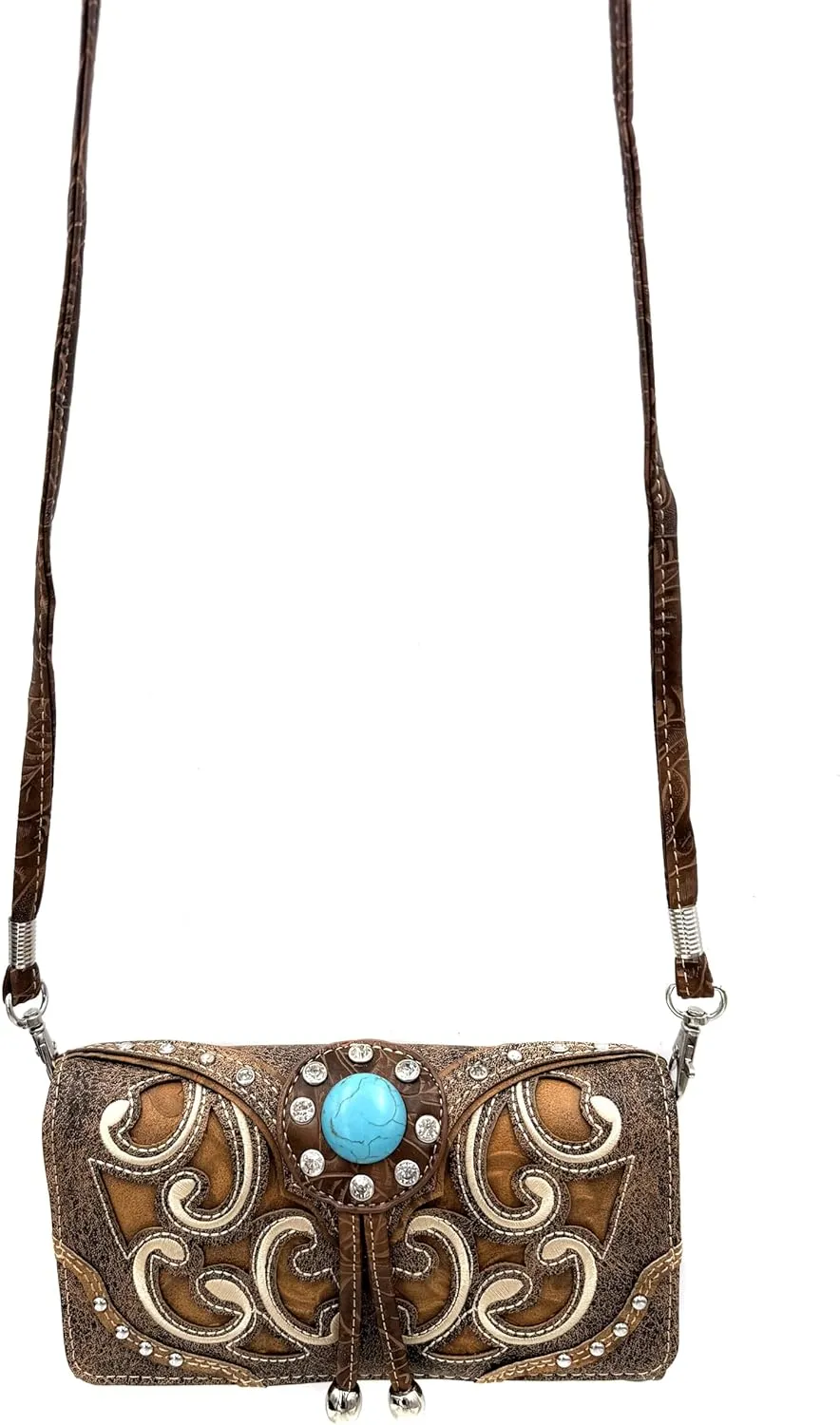 Justin West Tooled Leather Laser Cut Rhinestone Concho Studded Shoulder Concealed Carry Tote Style Handbag Purse Wallet