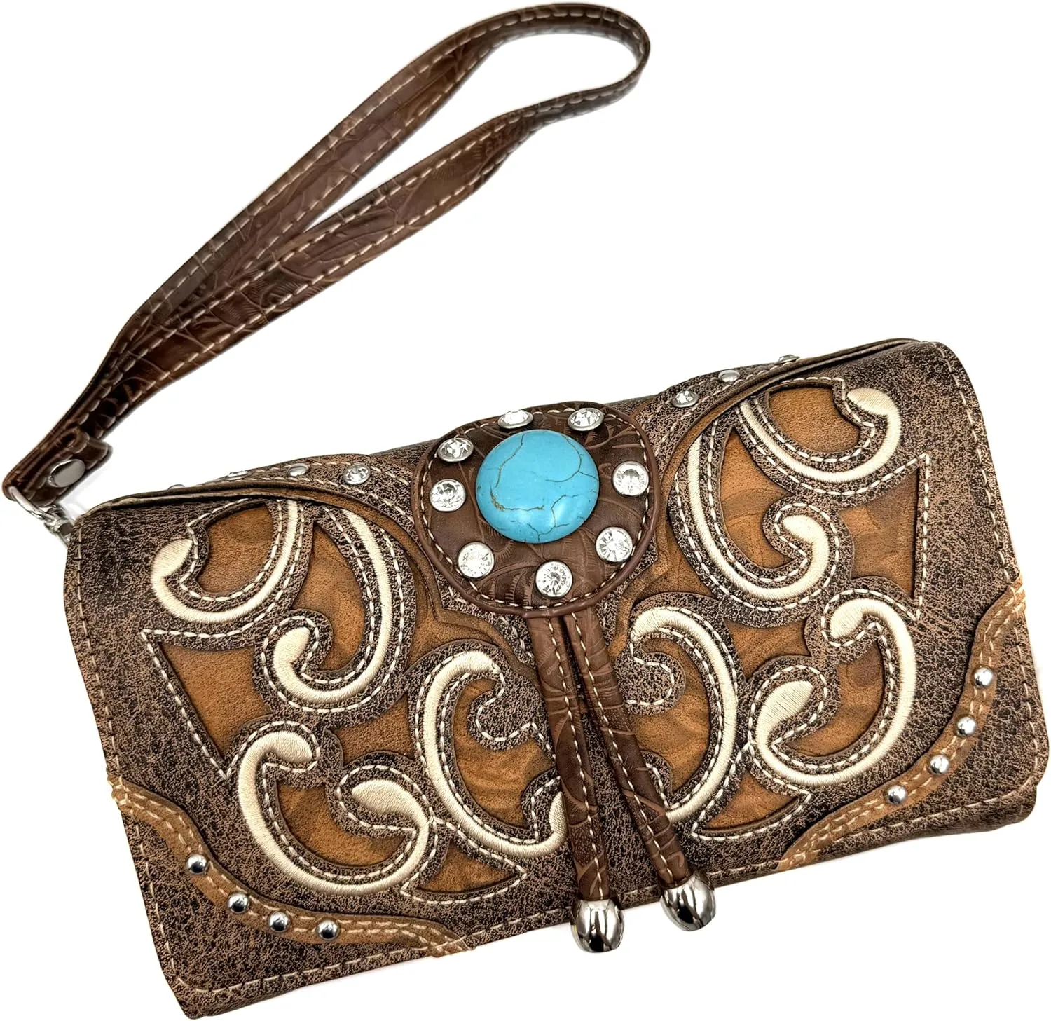Justin West Tooled Leather Laser Cut Rhinestone Concho Studded Shoulder Concealed Carry Tote Style Handbag Purse Wallet
