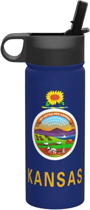 Kansas State Flag Print Flask Stainless Steel Water Bottle with Straw 18OZ FOR Outdoor Gym Commute