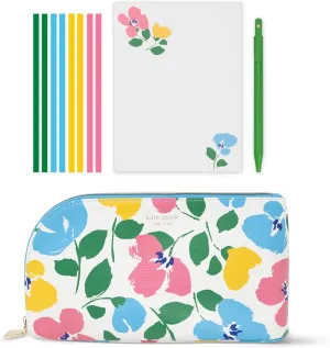 kate spade new york Desk Essentials Vegan Leather Pouch Set with Pen, Notepad, and Highlighter Tape Strips (Painterly Bouquet)