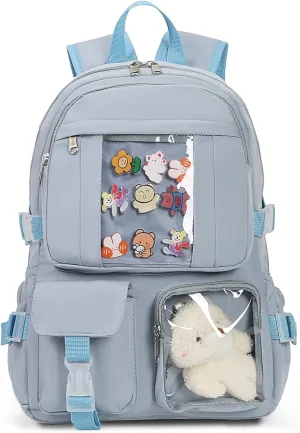 Kawaii Backpack for Girls, Cute Aesthetic Backpack for School, Kawaii Bookbag with Pins Accessories and Pendant，Blue